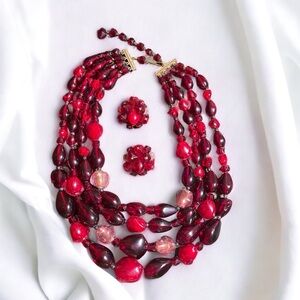 Vintage West Germany Red Lucite Necklace and Earring Set